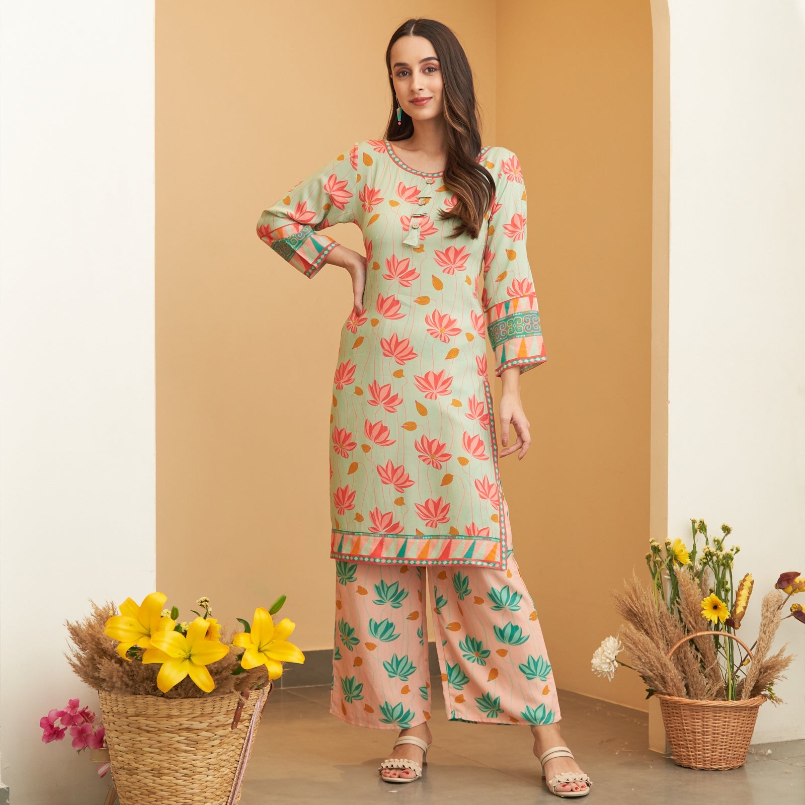 Mint Green Pink Lotus Print Kurta Pant Co-ord Set