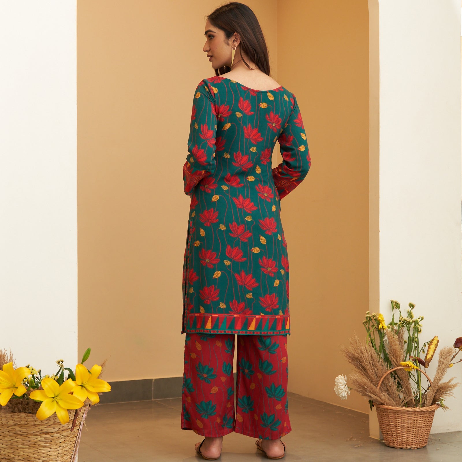 Turquoise Maroon Lotus Print Kurta Pant Co-ord Set