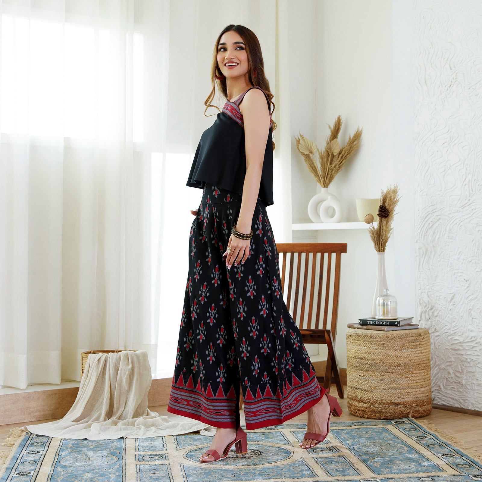 Black Ikat Printed Top Palazzo Set