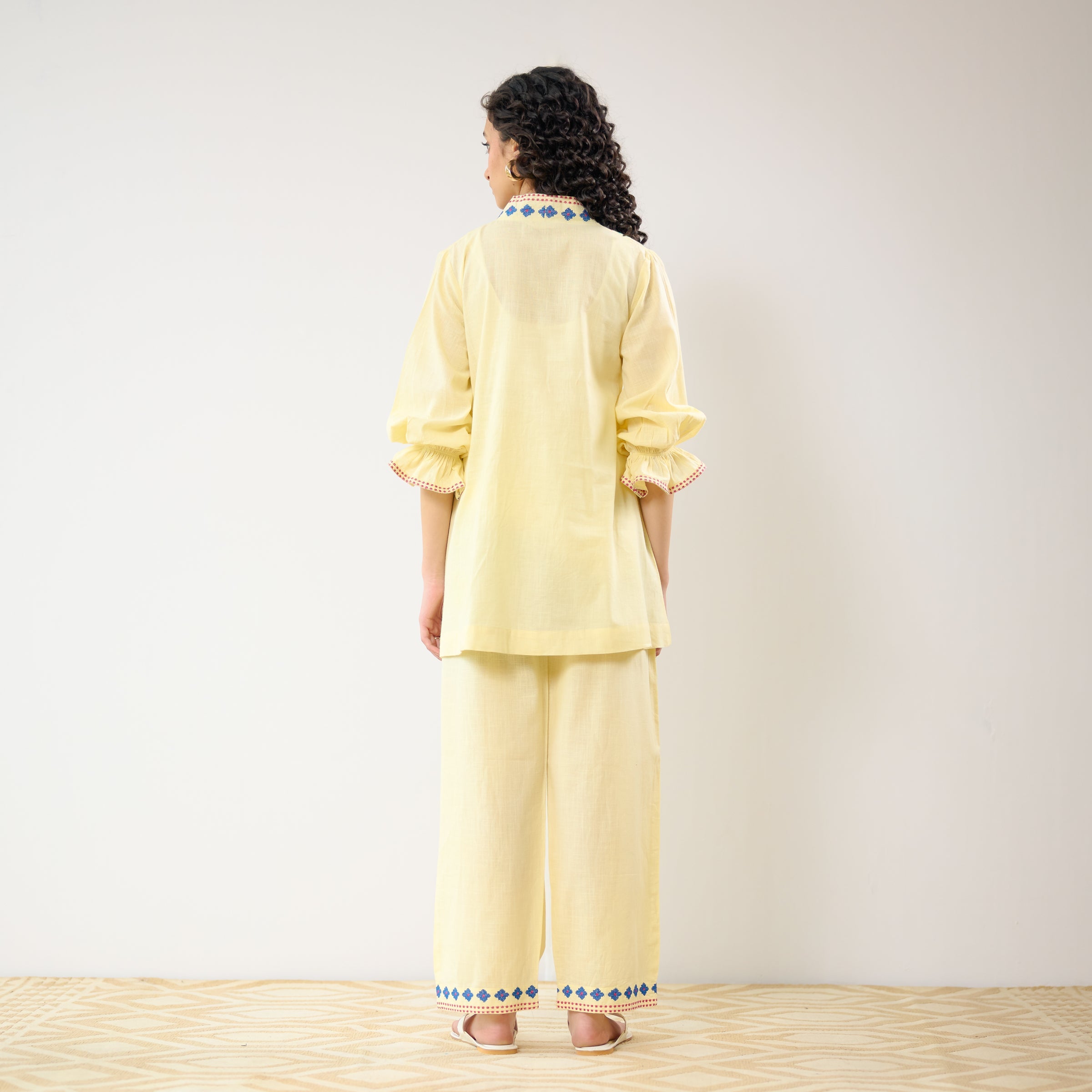 Flounce Sleeved Embroidered Slub Cotton Co-ord Set - Mango Yellow