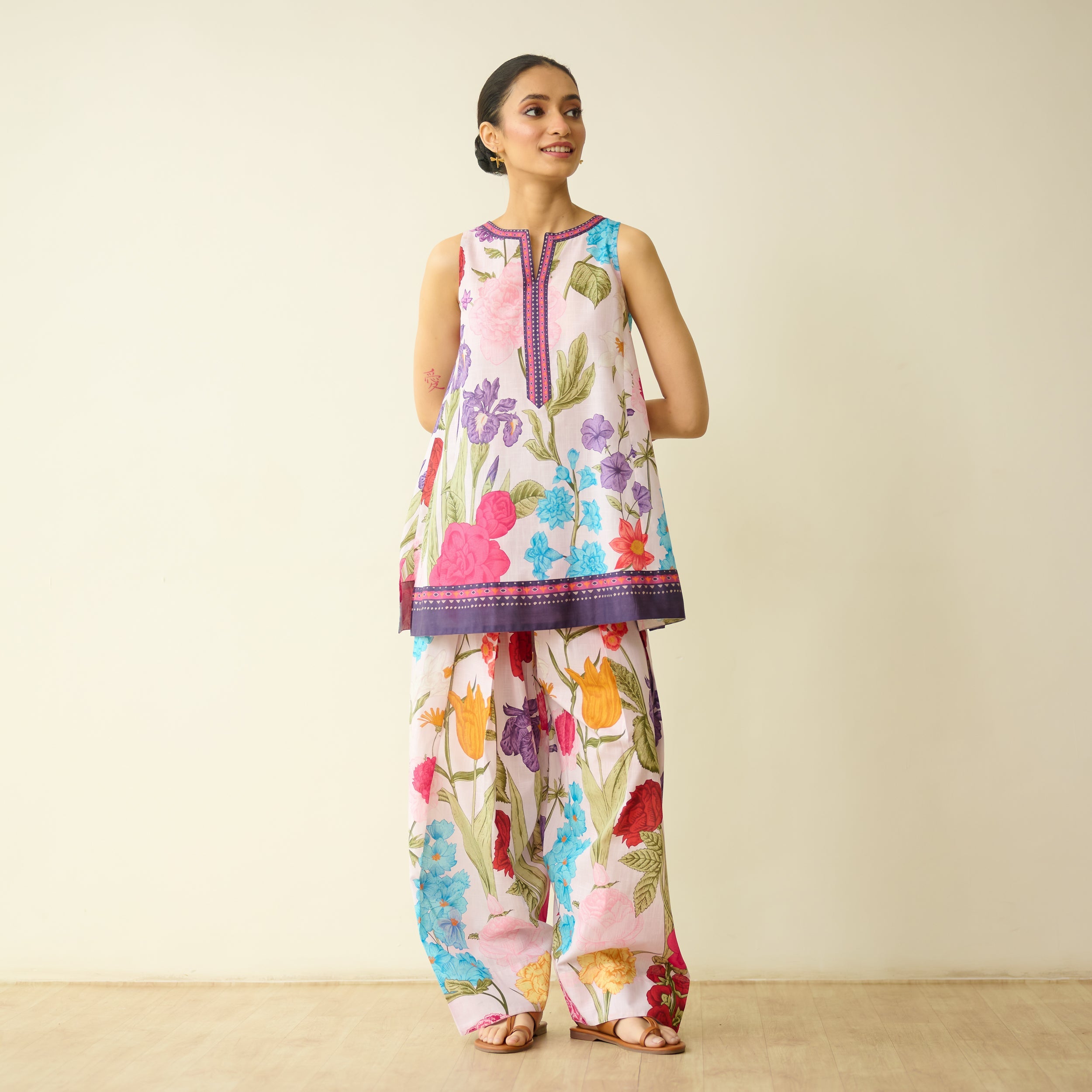 Flower Garden Slub Cotton Farsi Coord Set - Soft Pink