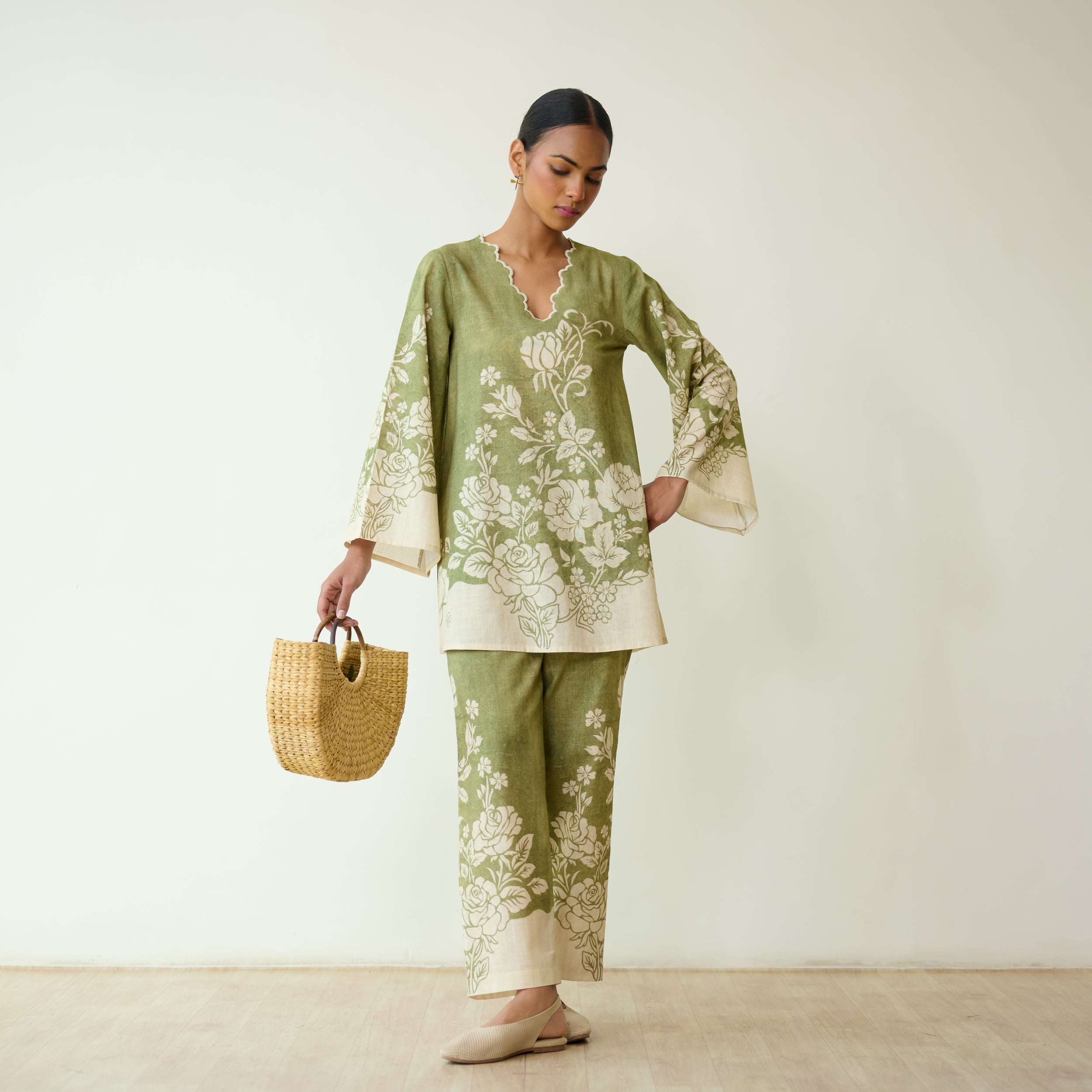 Bellflower Slub Cotton Coord Set - Spinach Green