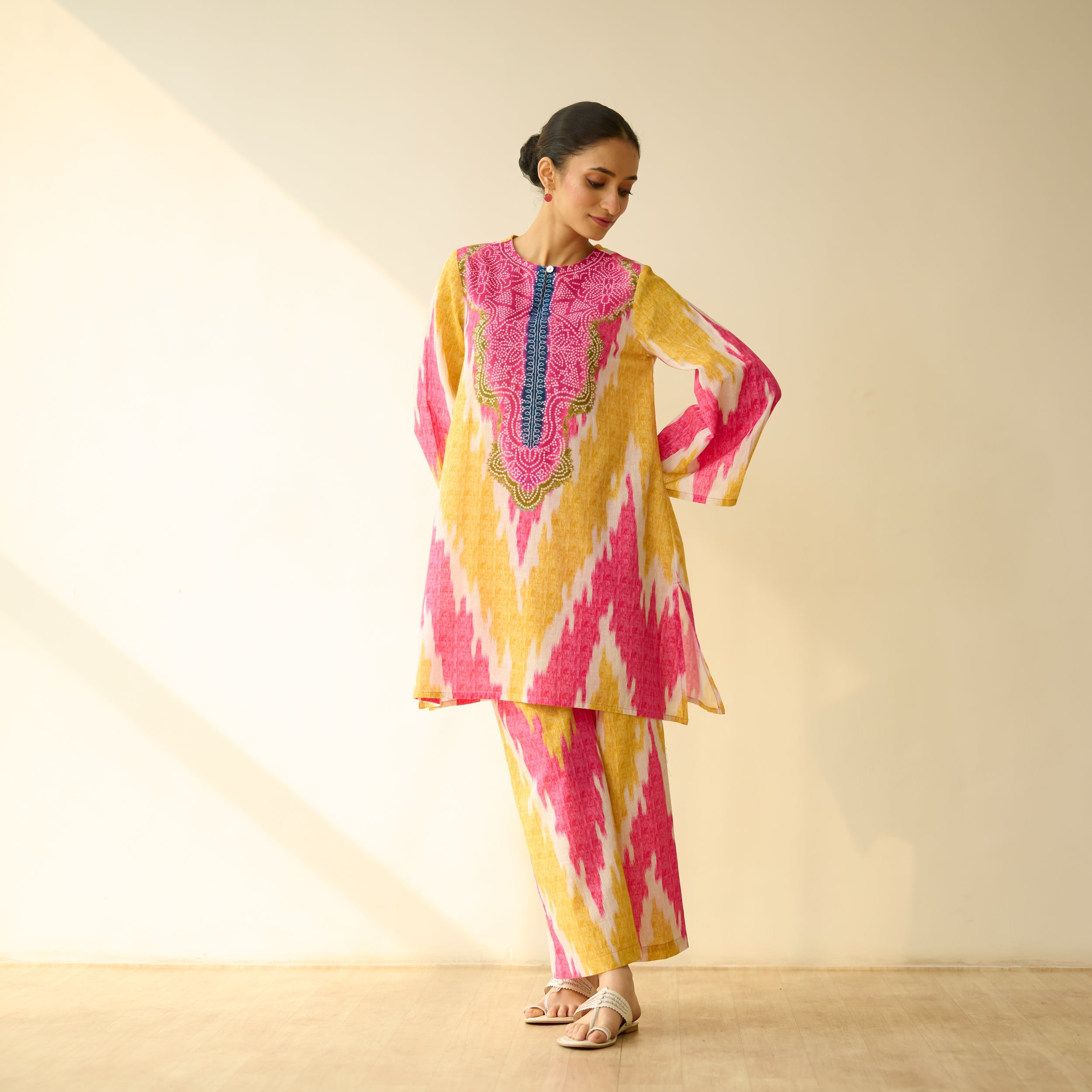 Malti Slub Cotton Coord Set - Turmeric & Candy Pink