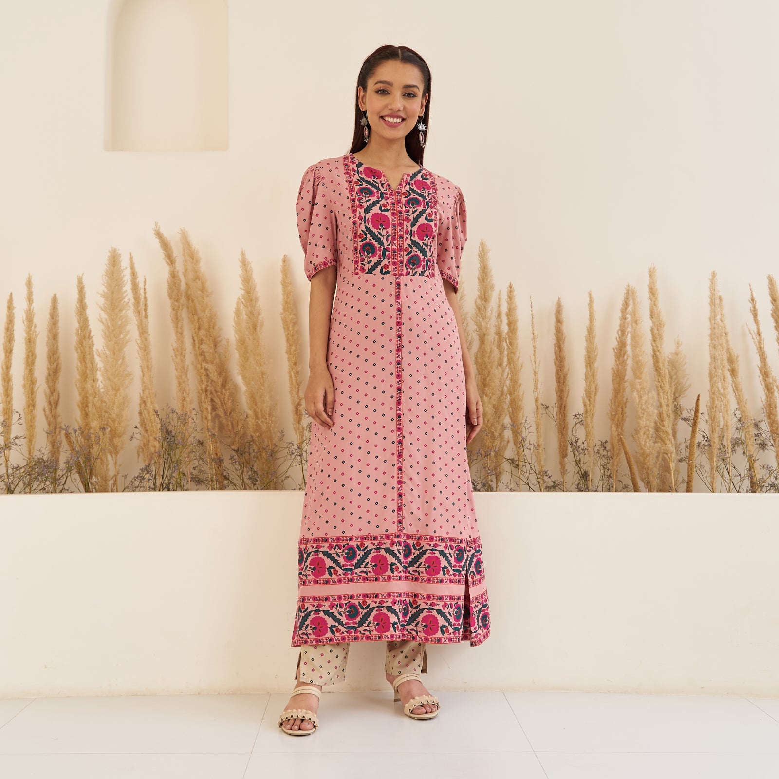 Baby Pink Bandhani Inspired Kurta Pant Co-ord Set for Women with Puff Sleeves