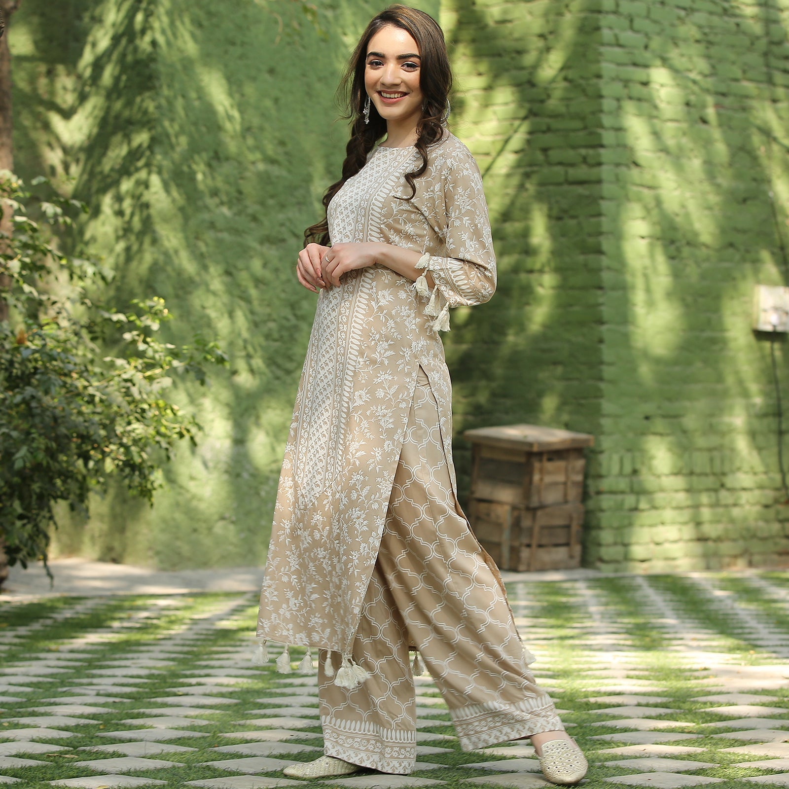 Beige Kurta Palazzo Co-ord Set with Tassel Details