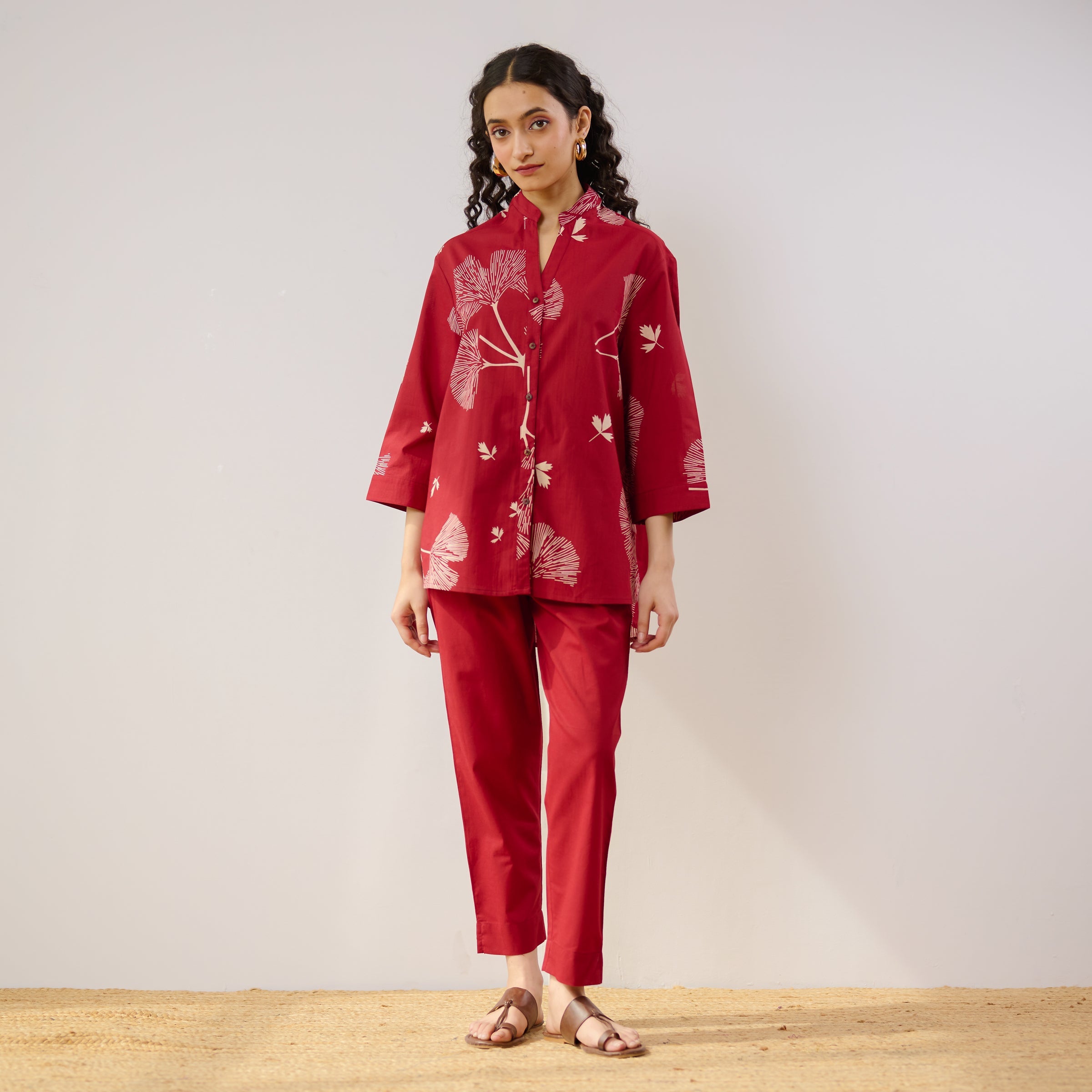 Palm Cotton Co-ord Set - Blood Red